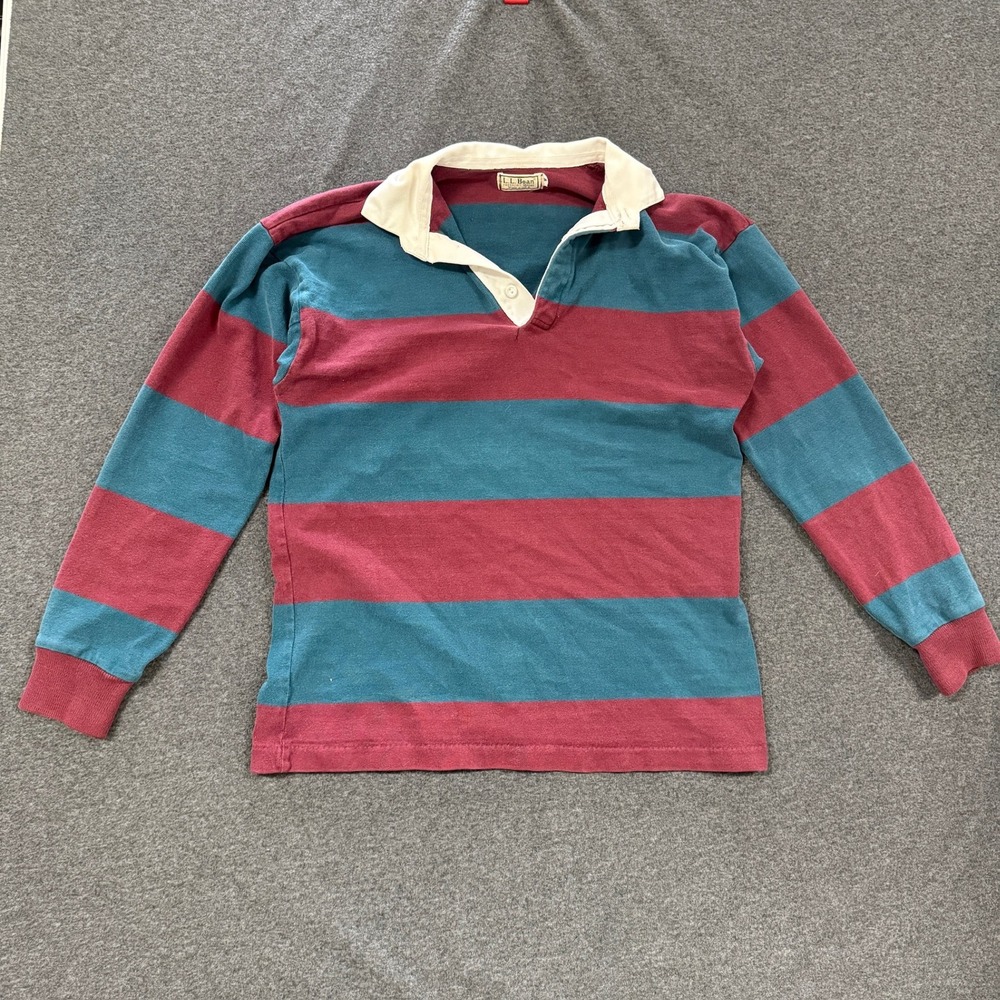 LL Bean Rugby Shirt Mens Medium Teal Burgundy Good Vintage Striped Made in USA